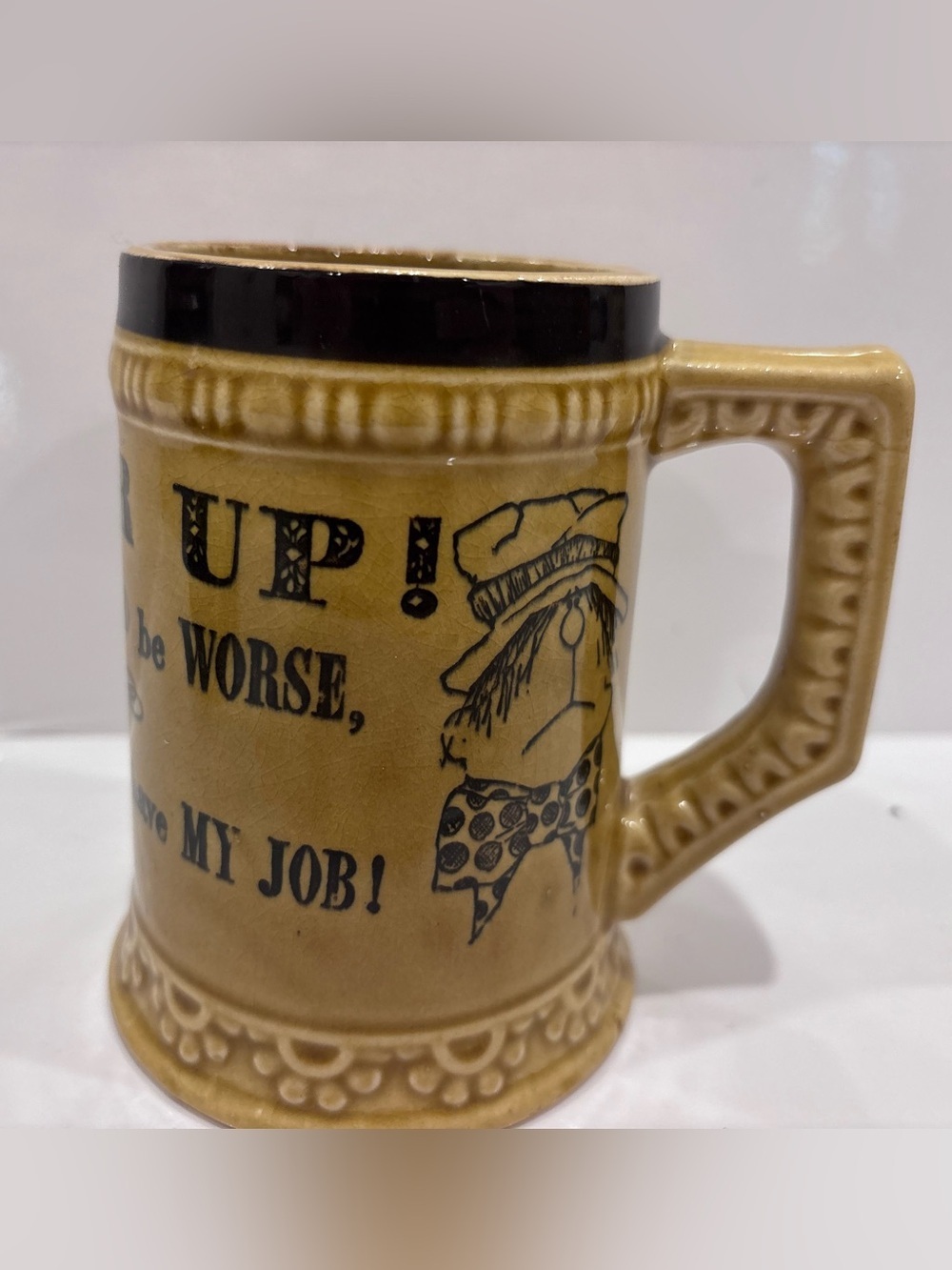 Vintage Japan novelty beer stein/mug- “Cheer up things could be worse…”